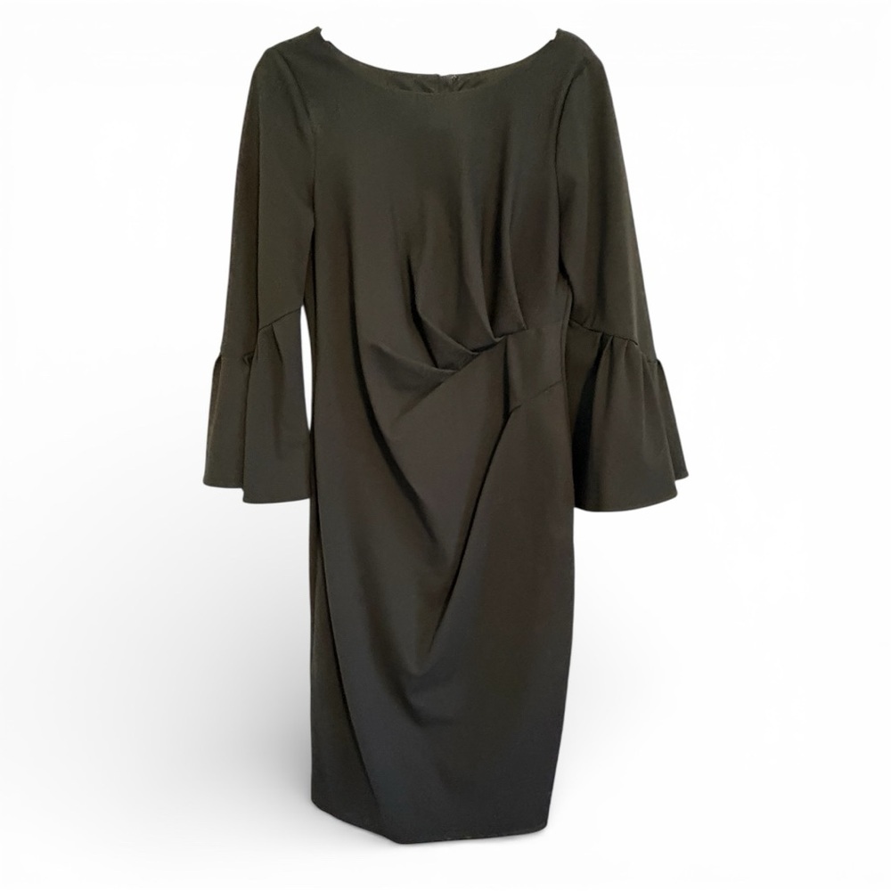 Adrianna Papell Black Bell Sleeve Ponte Knit Sheath Dress | Size 10 Regular - Picture 3 of 16
